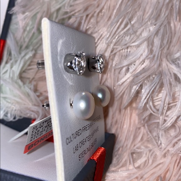 Lab Created White Sapphire and Cultured Freshwater Pearl Earring Set - Picture 4 of 6